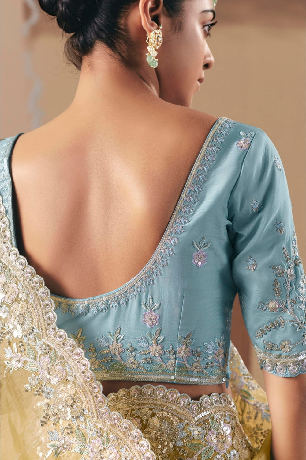 MUSTARD YELLOW TISSUE SAREE WITH MOTI AND SEQUINS