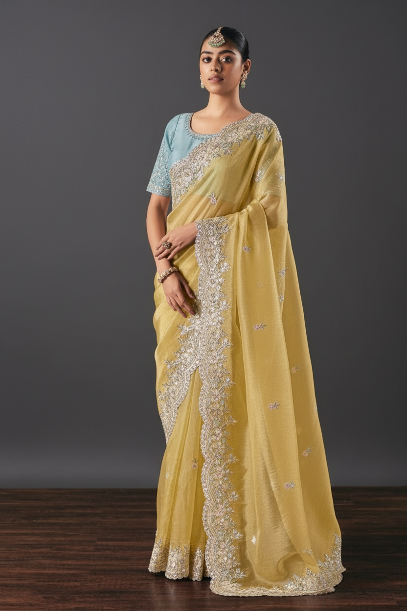 MUSTARD YELLOW TISSUE SAREE WITH MOTI AND SEQUINS