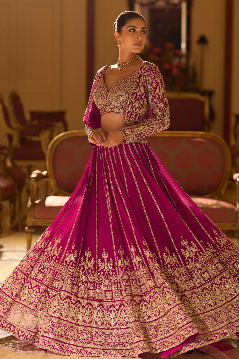 Magenta Georgette Lehenga Set with Embroidery and Sequins Work