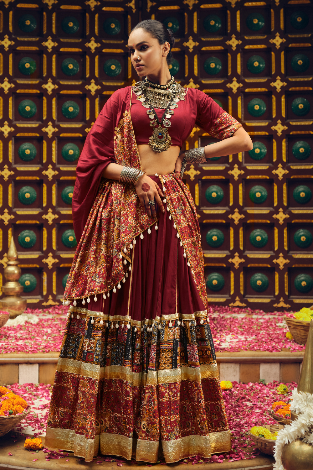 Maroon Rayon Printed Navratri Lehenga Choli