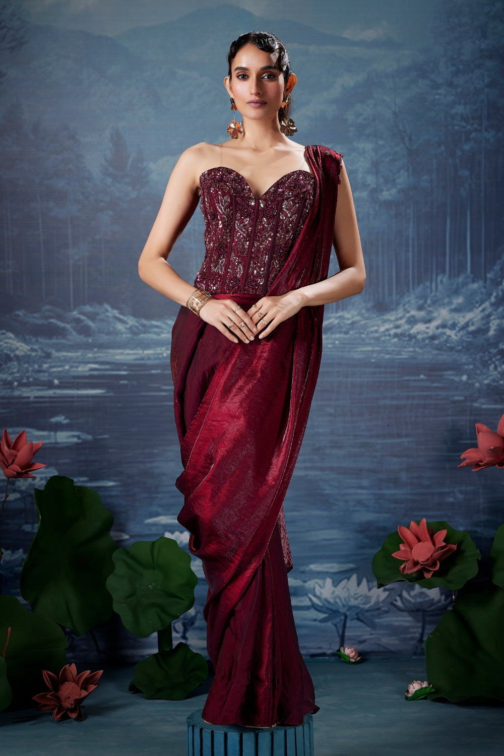 Maroon Silk Drape Saree with Cutdana and Moti Work