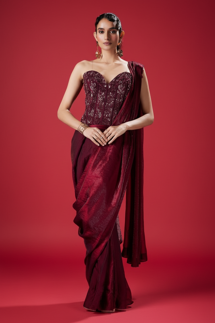 Maroon Silk Drape Saree with Cutdana and Moti Work