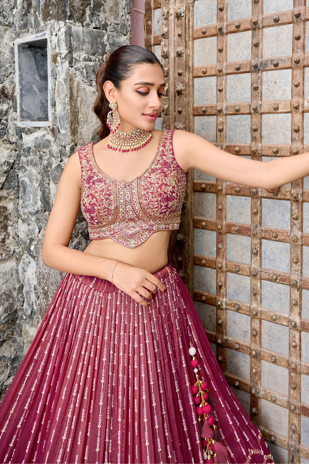 Maroon Silk Lehenga Set with Zardosi and Cutdana Work