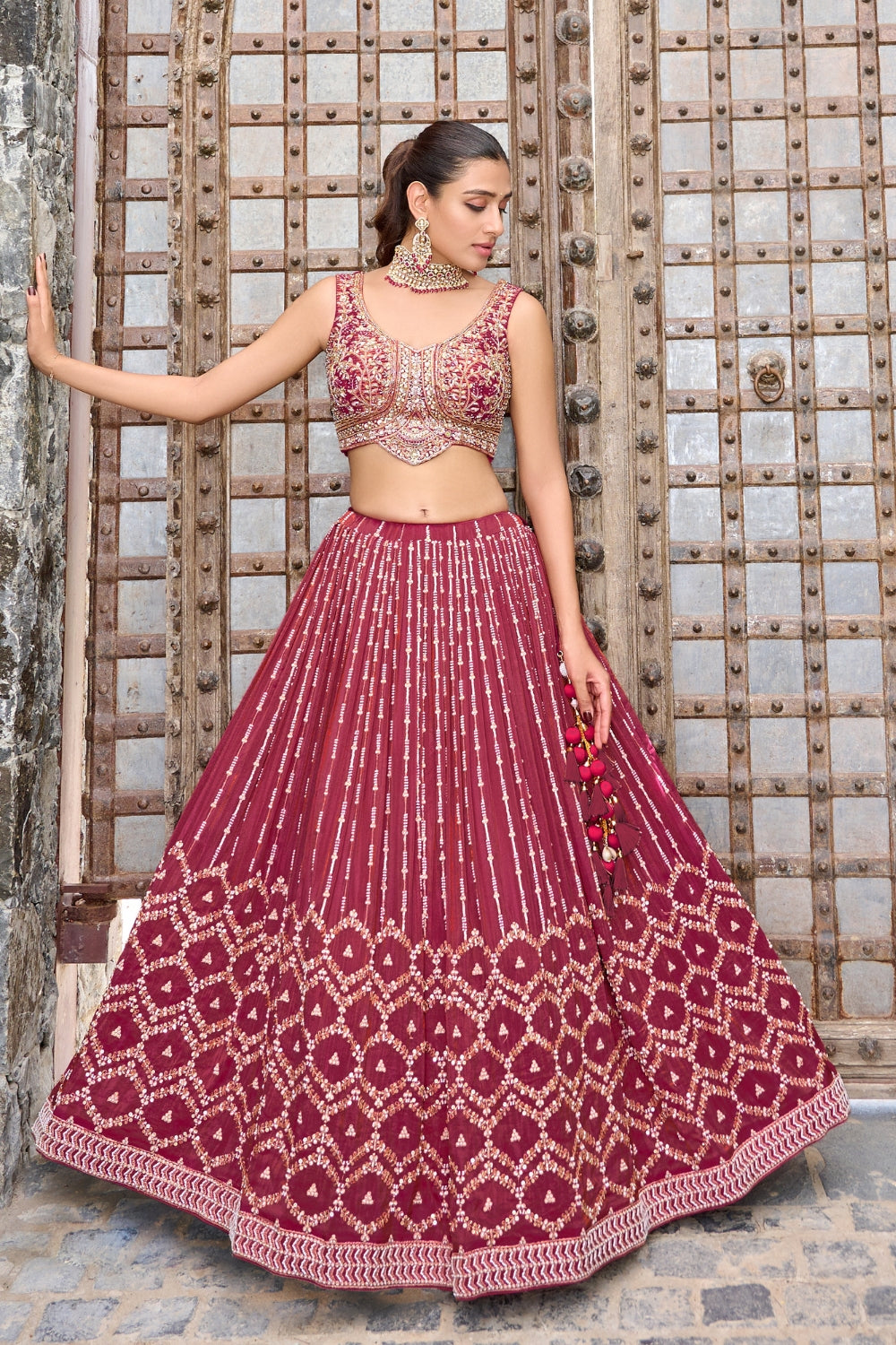 Maroon Silk Lehenga Set with Zardosi and Cutdana Work