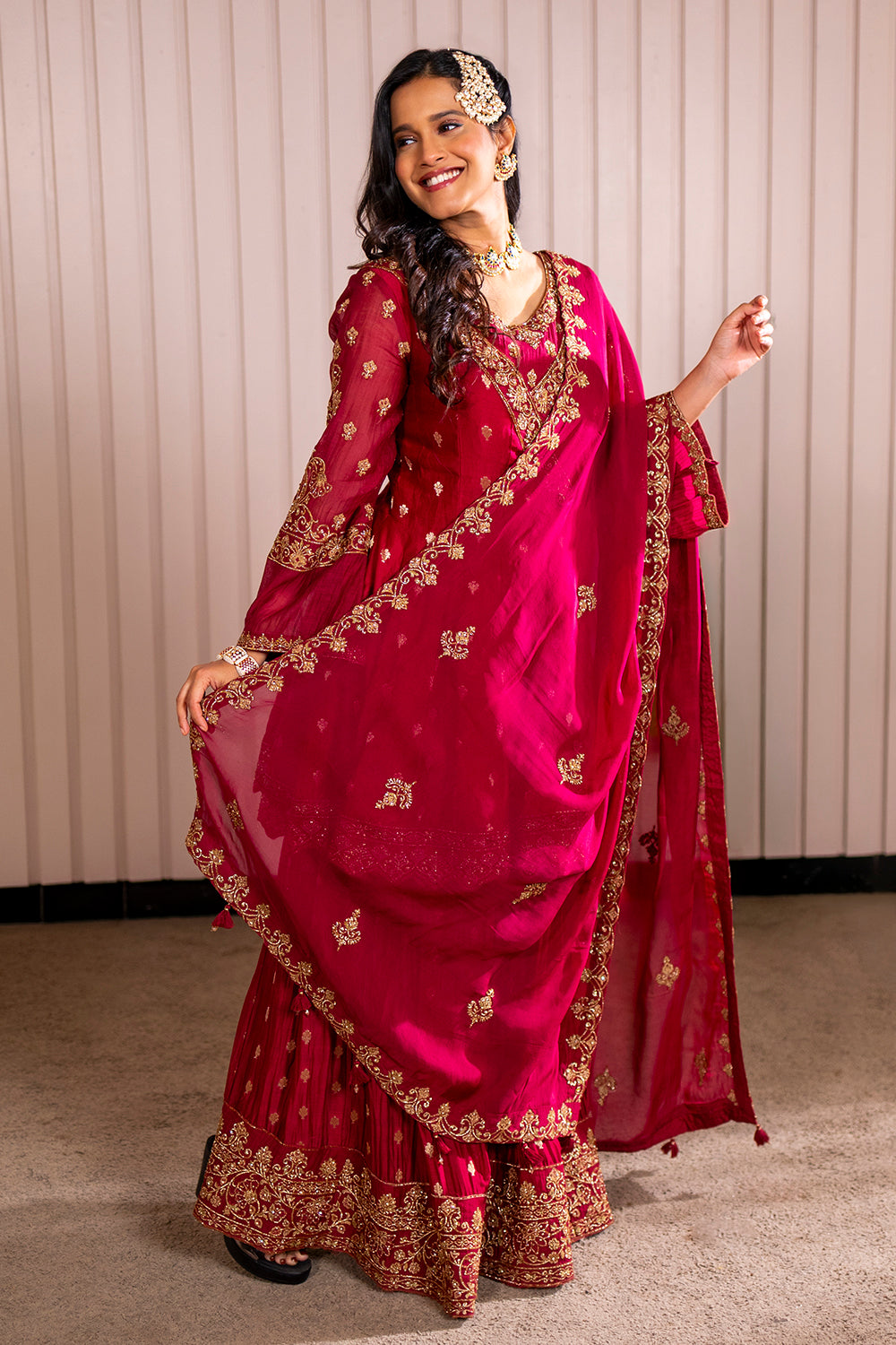 Maroon Kurta Sharara Set in Silk Crepe with Zardosi and Embroidery.