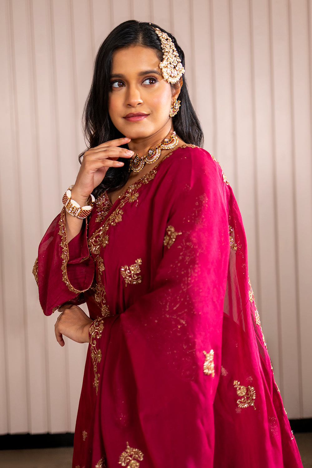 Maroon Kurta Sharara Set in Silk Crepe with Zardosi and Embroidery.