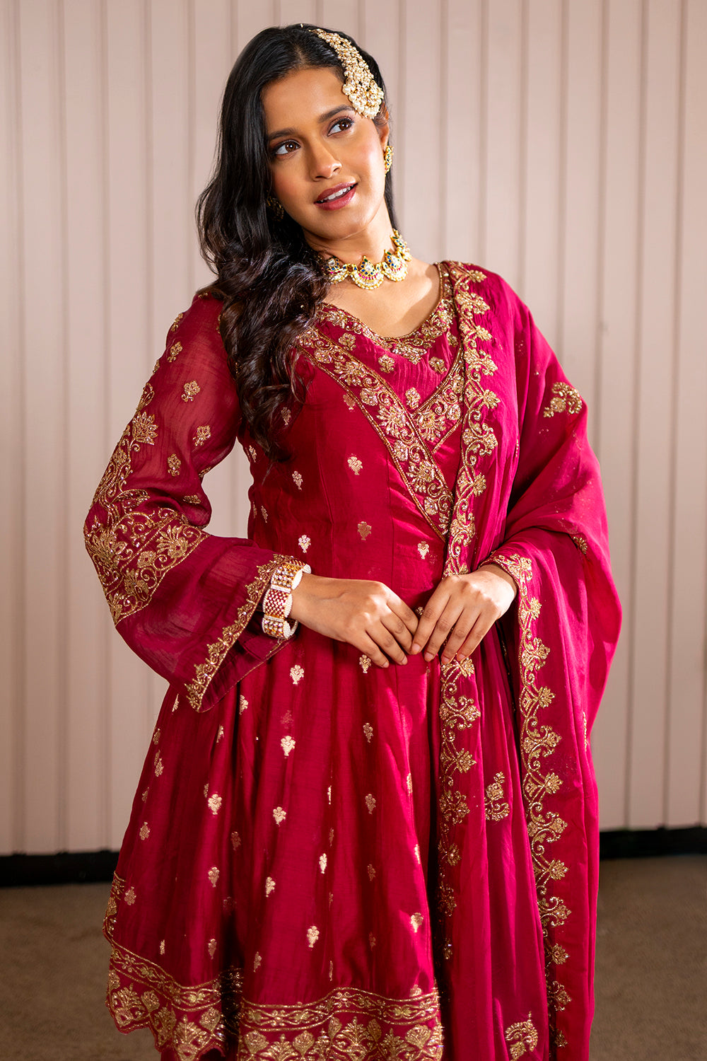 Maroon Kurta Sharara Set in Silk Crepe with Zardosi and Embroidery.