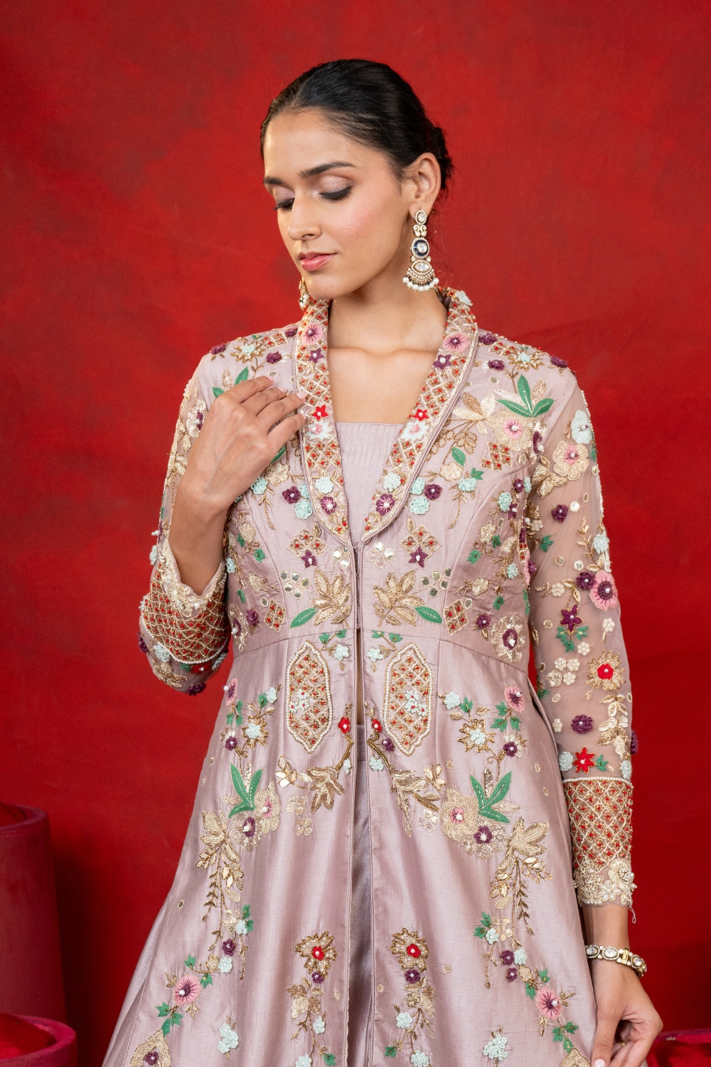 Mauve Silk Indo Western with Zardosi and Resham Embroidery