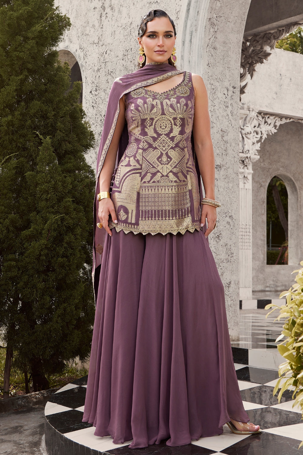 Mauve Silk Palazzo Set with Stone and Weaving Work