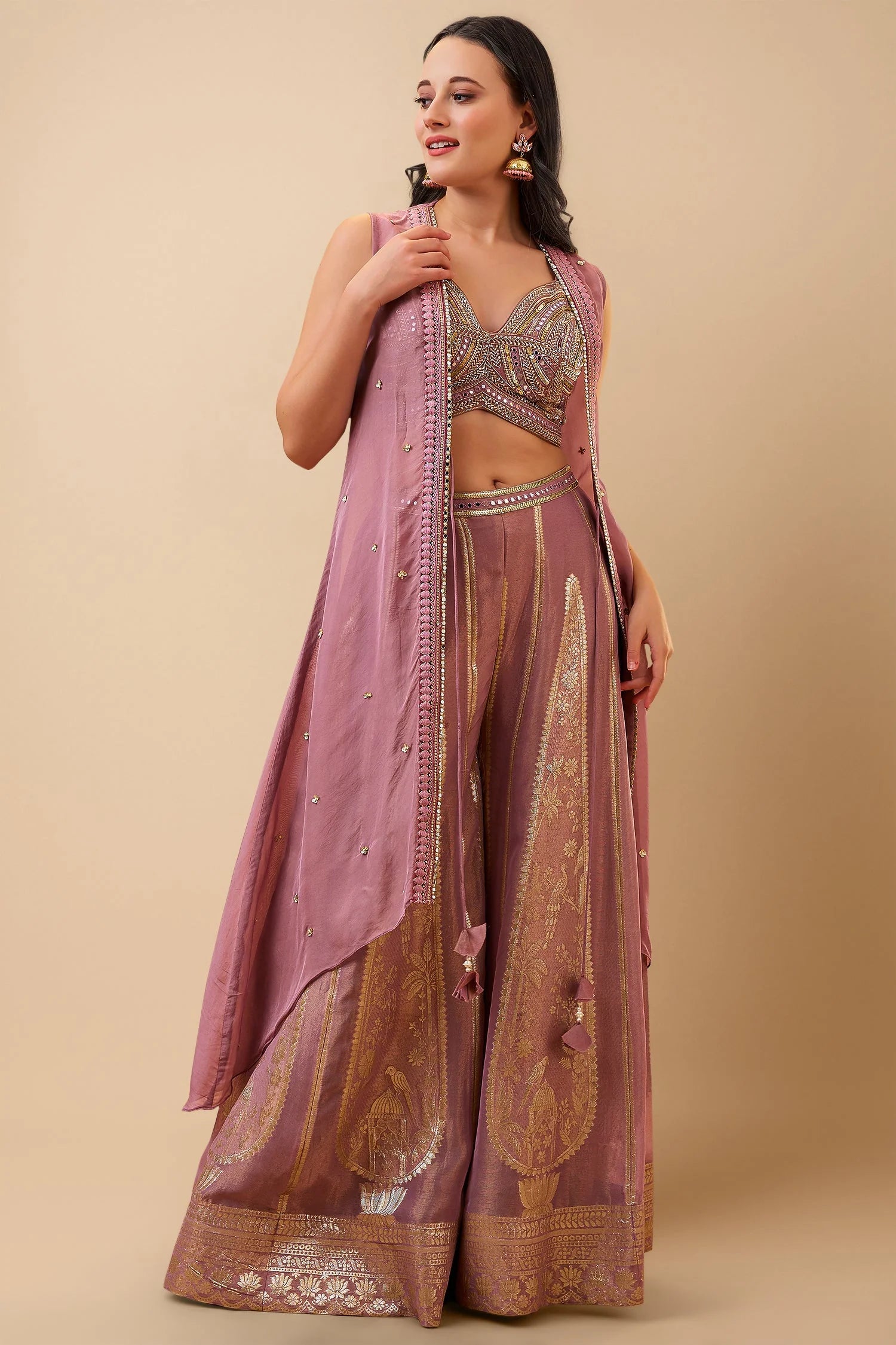 Mauve Georgette Handwork Crop Top Palazzo with Jacket