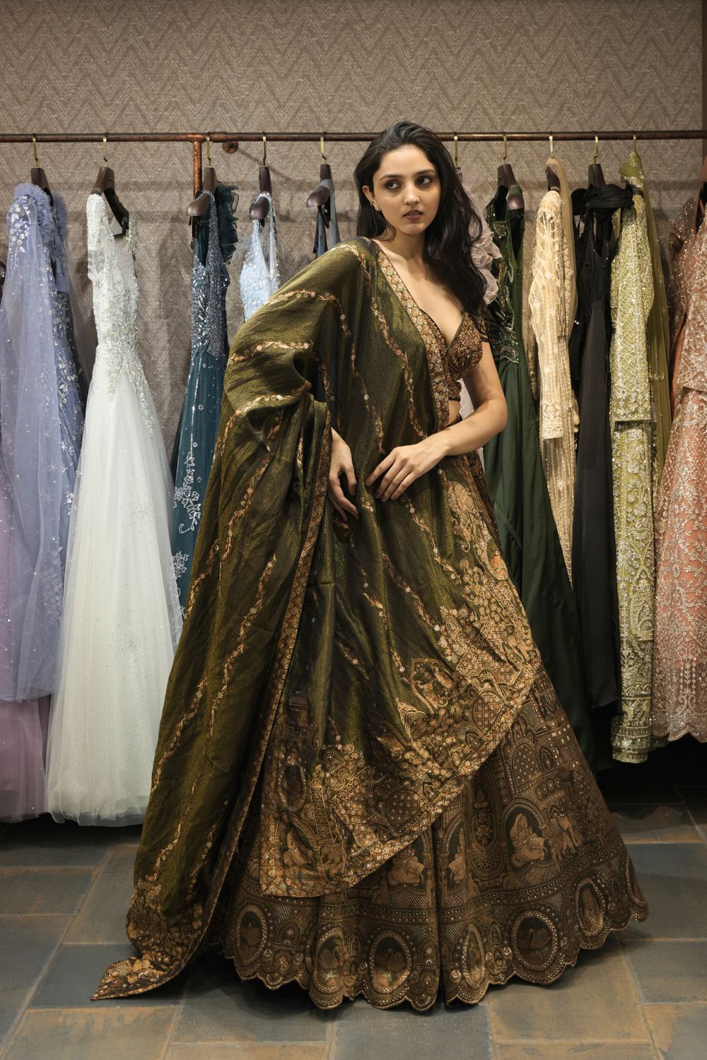 Mehendi Green Banarasi Tissue Lehenga Choli with Zardosi and Sequins Work