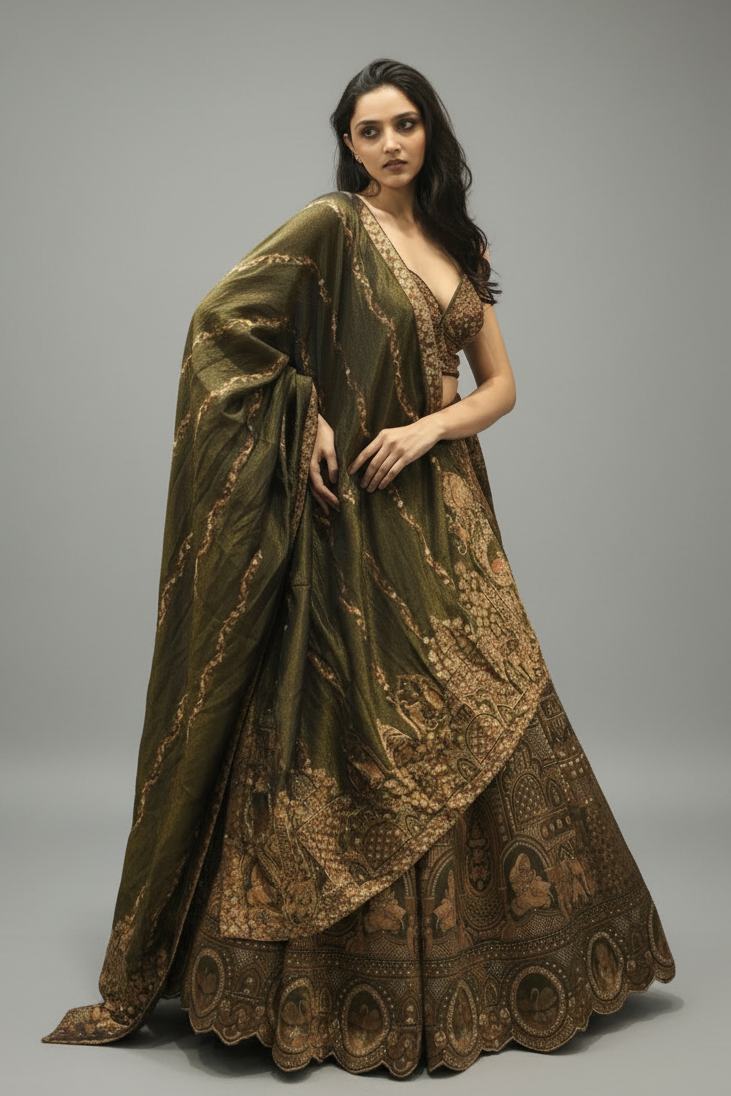 Mehendi Green Banarasi Tissue Lehenga Choli with Zardosi and Sequins Work