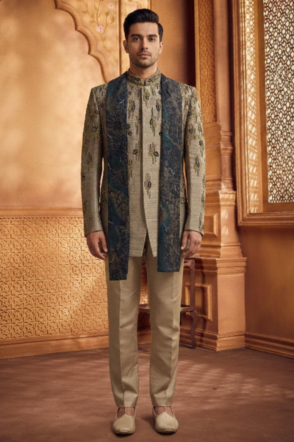 Mehendi Green Jodhpuri Set with Cutdana and Moti Work