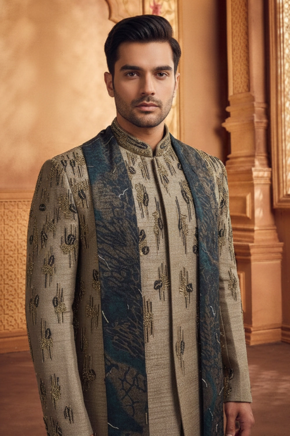 Mehendi Green Jodhpuri Set with Cutdana and Moti Work