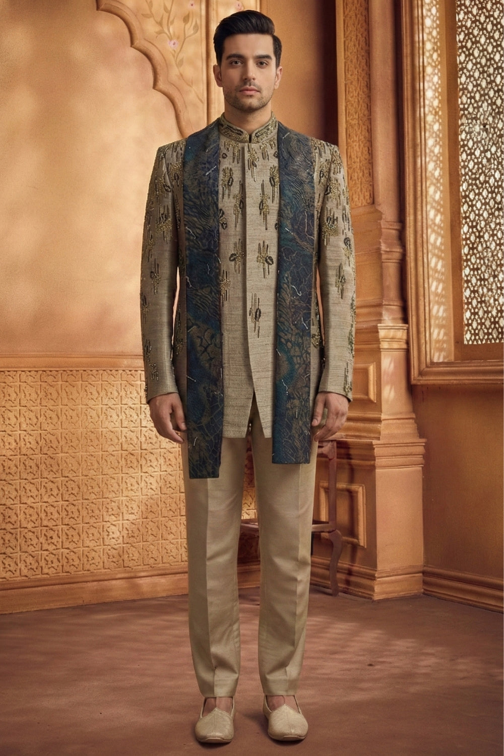 Mehendi Green Jodhpuri Set with Cutdana and Moti Work