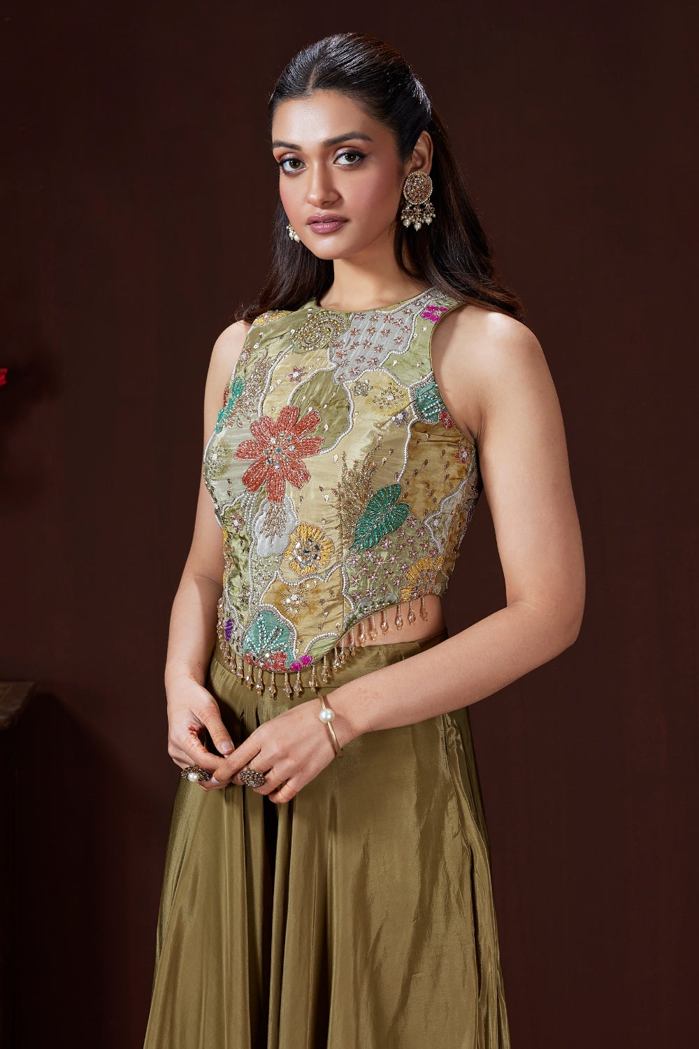 Mehndi Green Crepe Silk Palazzo Set with Cutdana and Beads