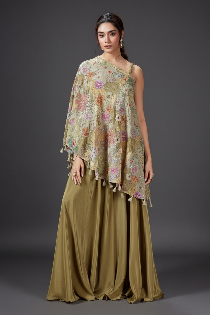 Mehndi Green Palazzo Set with Cutdana and Beads Work