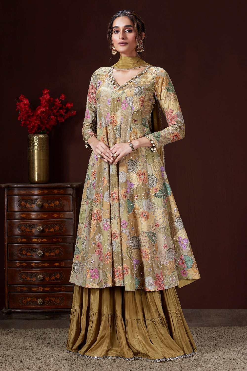 Mehndi Green Sharara set with Cutdana and Zari Work