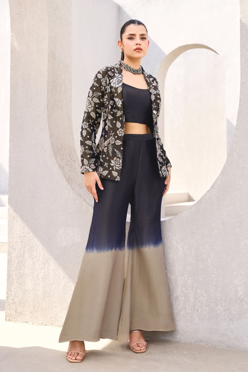 Mehndi Green Tissue Embroidered Jacket Set with Ombre Palazzo