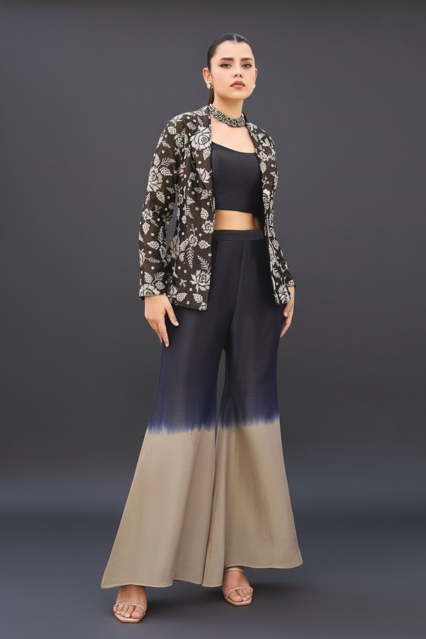 Mehndi Green Tissue Embroidered Jacket Set with Ombre Palazzo