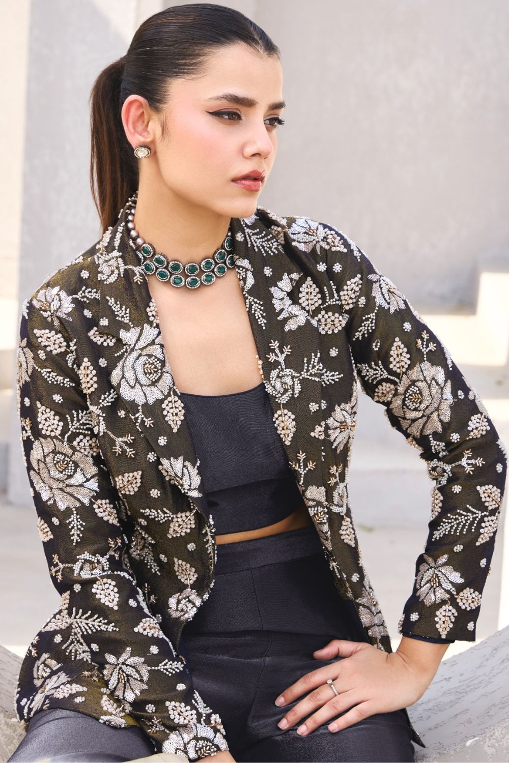 Mehndi Green Tissue Embroidered Jacket Set with Ombre Palazzo