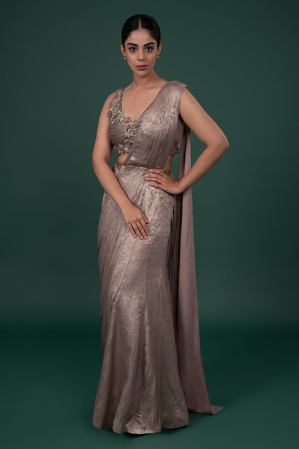 Metallic Gold Draped Concept Saree with Applique Blouse