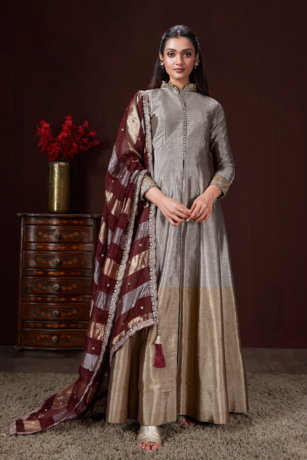 Metallic Gold and Grey Tissue Silk Anarkali Set with Moti and Cutdana Work