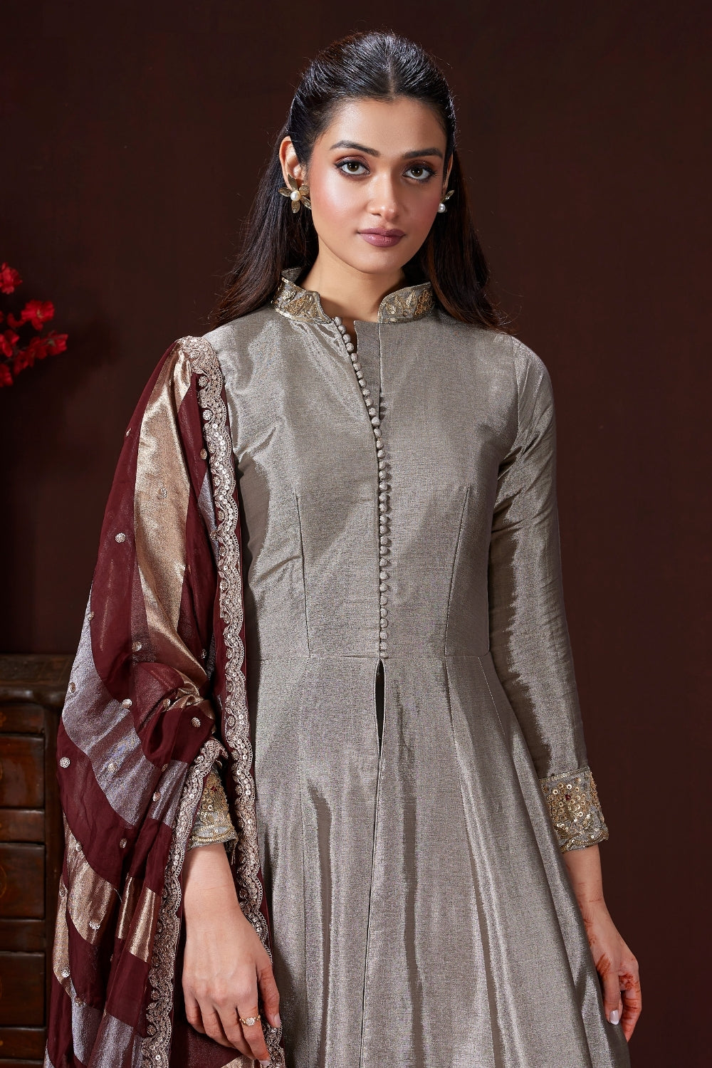 Metallic Gold and Grey Tissue Silk Anarkali Set with Moti and Cutdana Work