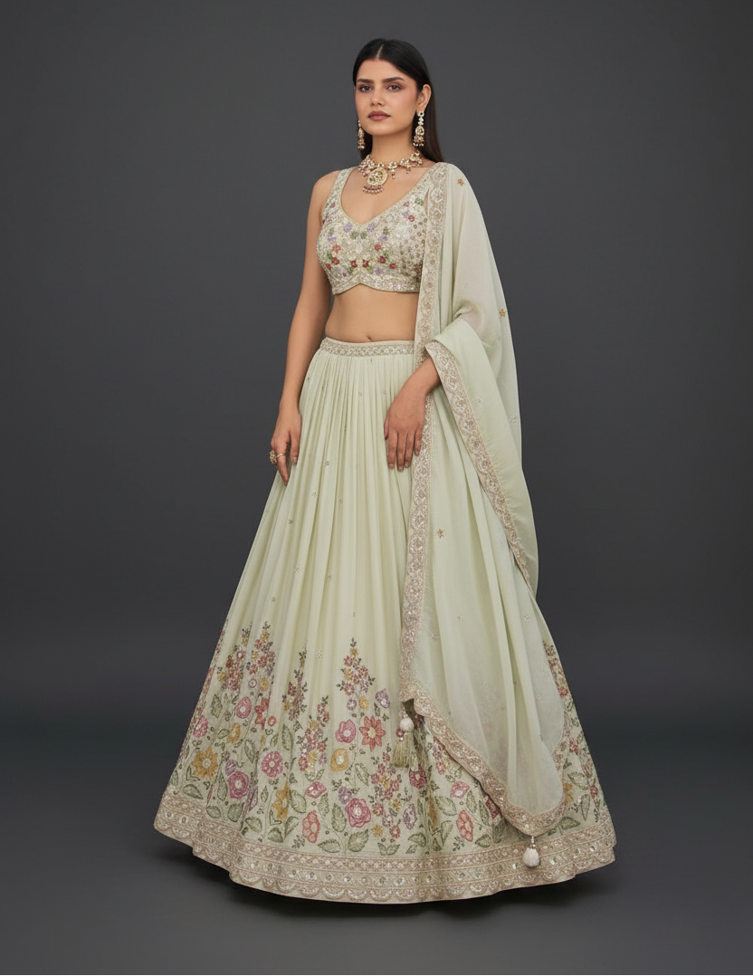 Mint Green Georgette Lehenga Set with Zardosi and Cutdana