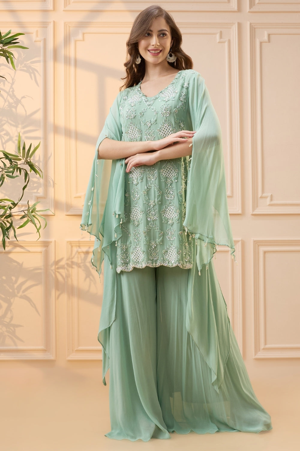 Mint Green Georgette Palazzo Set with Cutdana and Moti Work