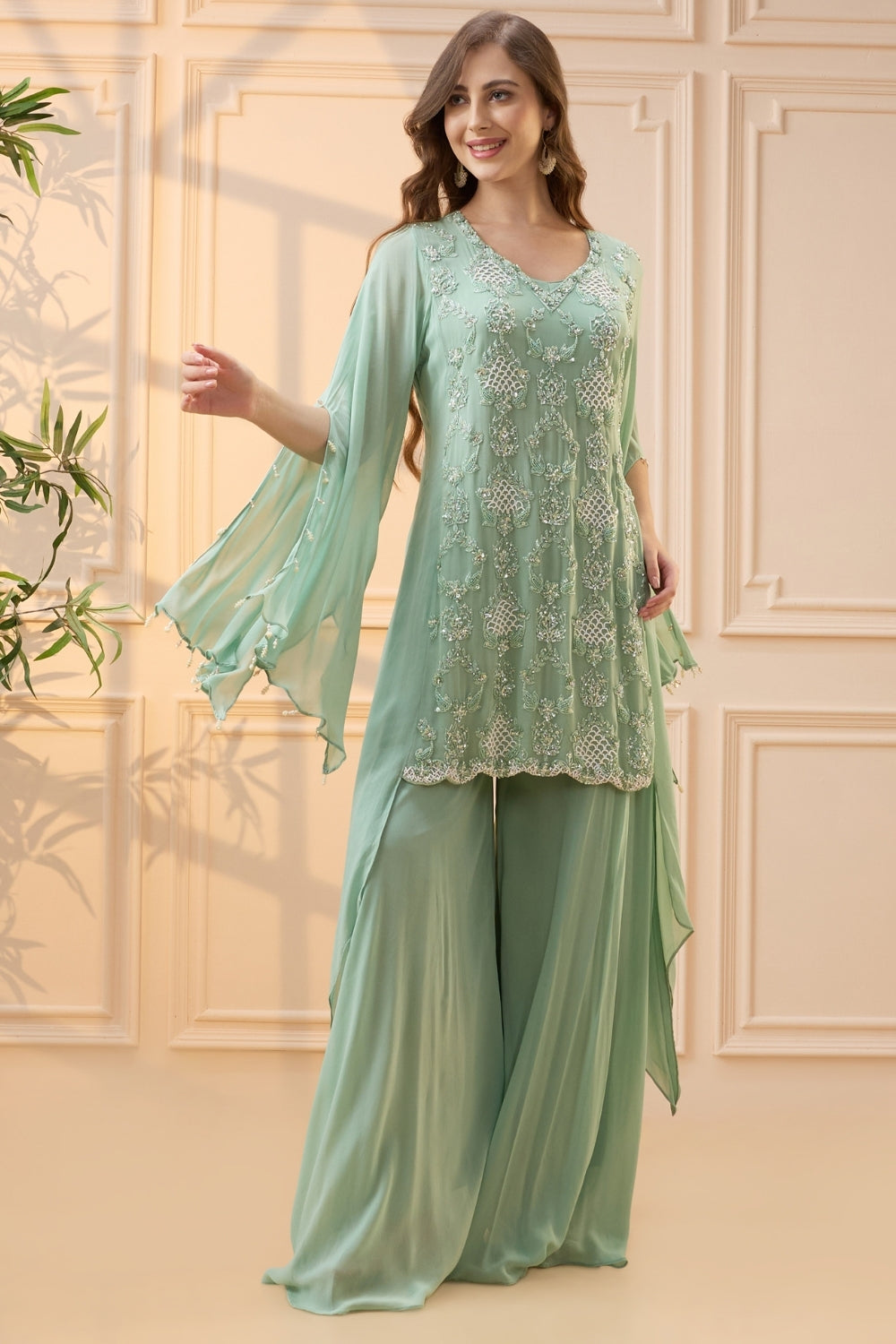 Mint Green Georgette Palazzo Set with Cutdana and Moti Work