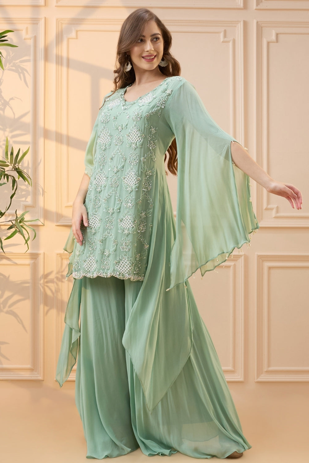 Mint Green Georgette Palazzo Set with Cutdana and Moti Work
