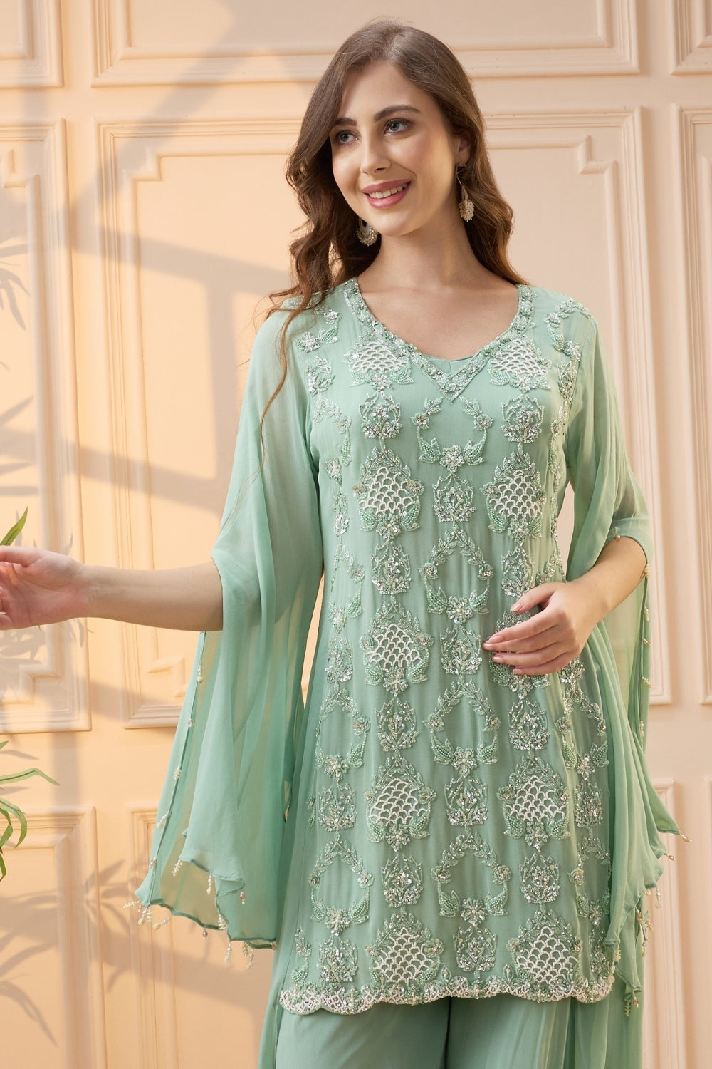 Mint Green Georgette Palazzo Set with Cutdana and Moti Work