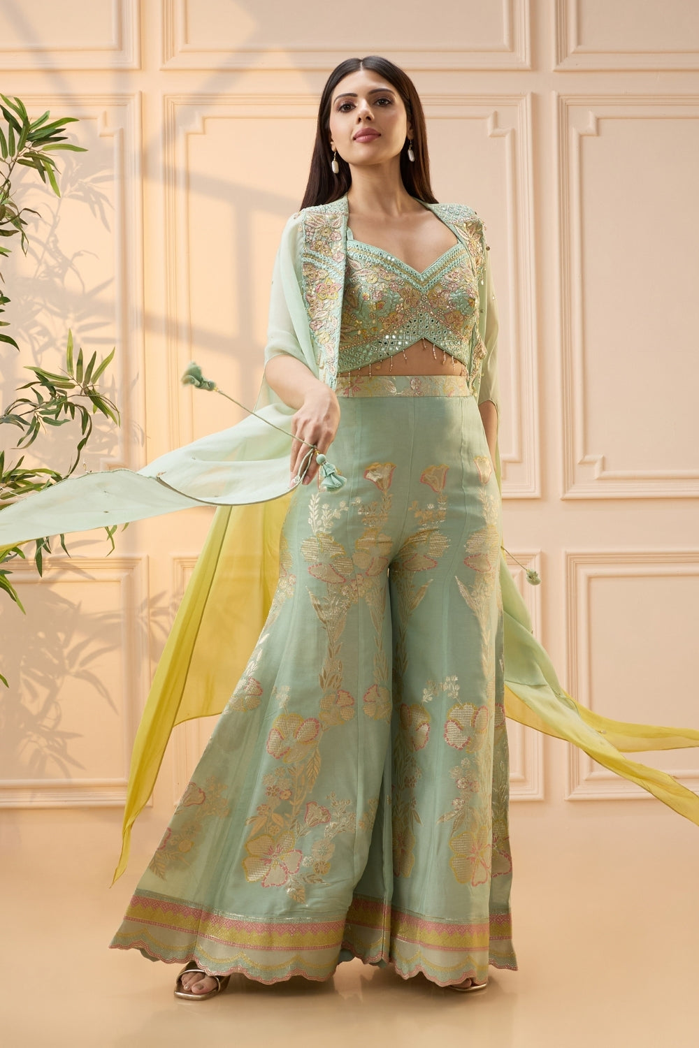 Mint Green Organza Palazzo Set with Mirror and Moti Work