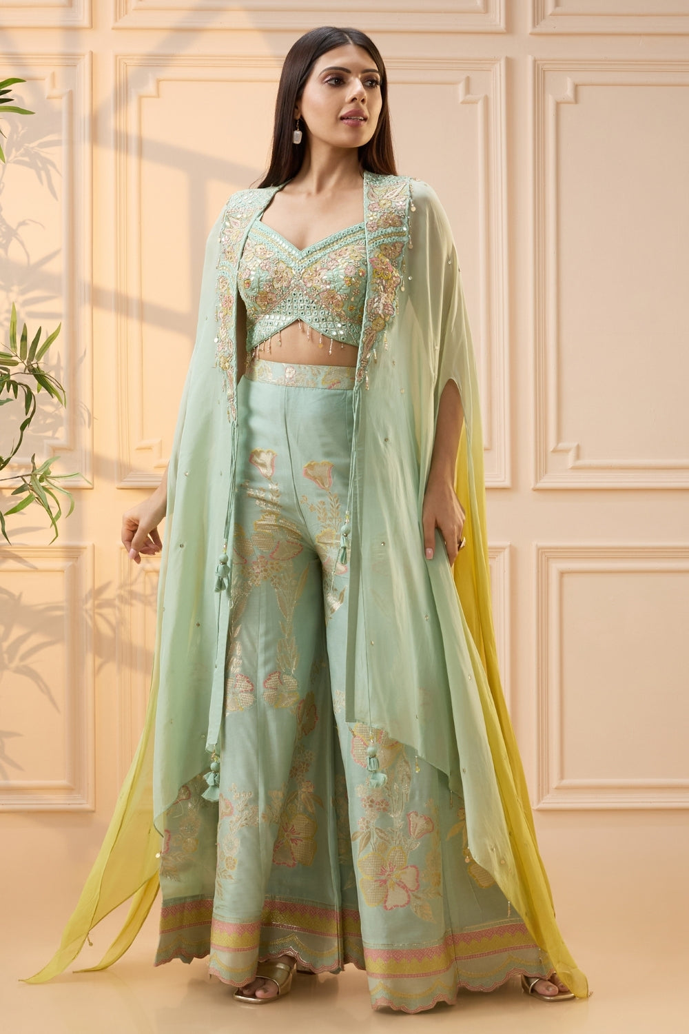 Mint Green Organza Palazzo Set with Mirror and Moti Work