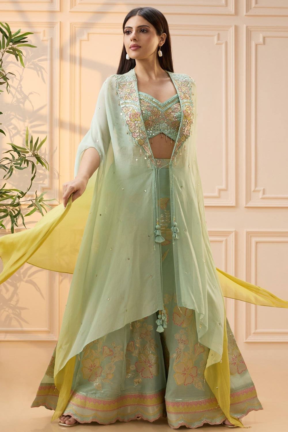Mint Green Organza Palazzo Set with Mirror and Moti Work