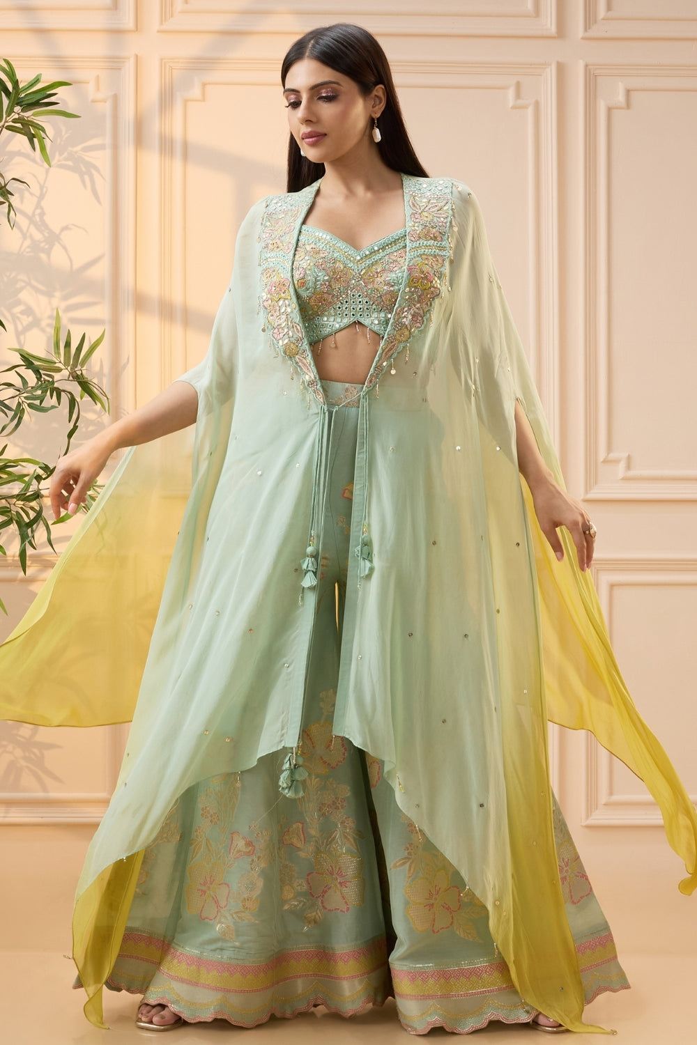 Mint Green Organza Palazzo Set with Mirror and Moti Work