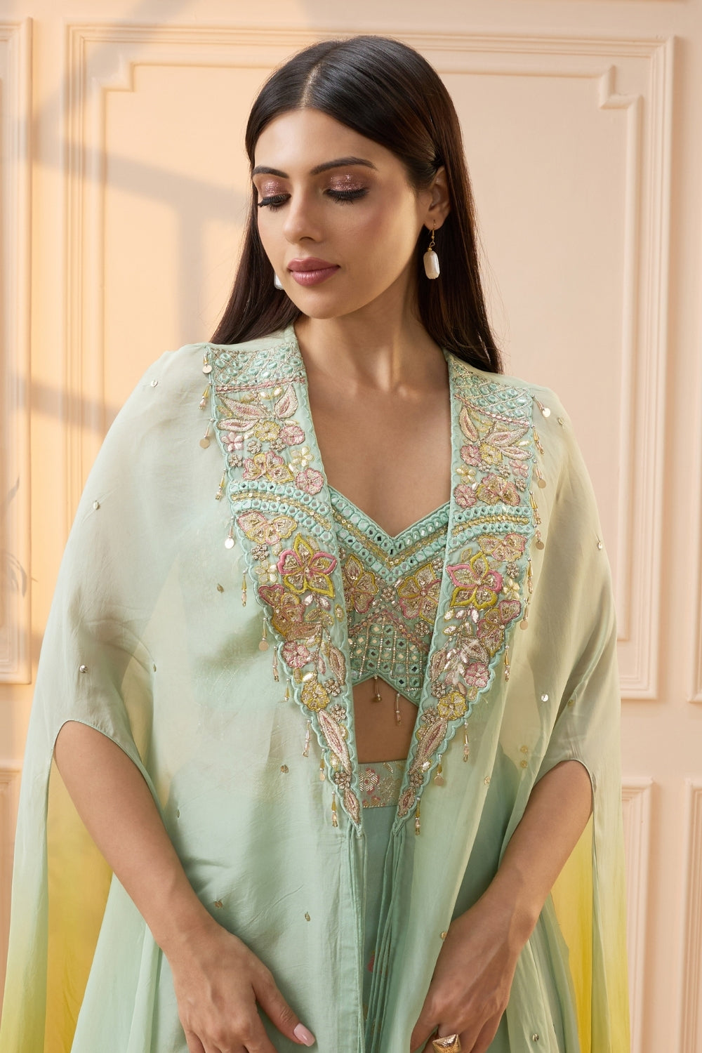 Mint Green Organza Palazzo Set with Mirror and Moti Work