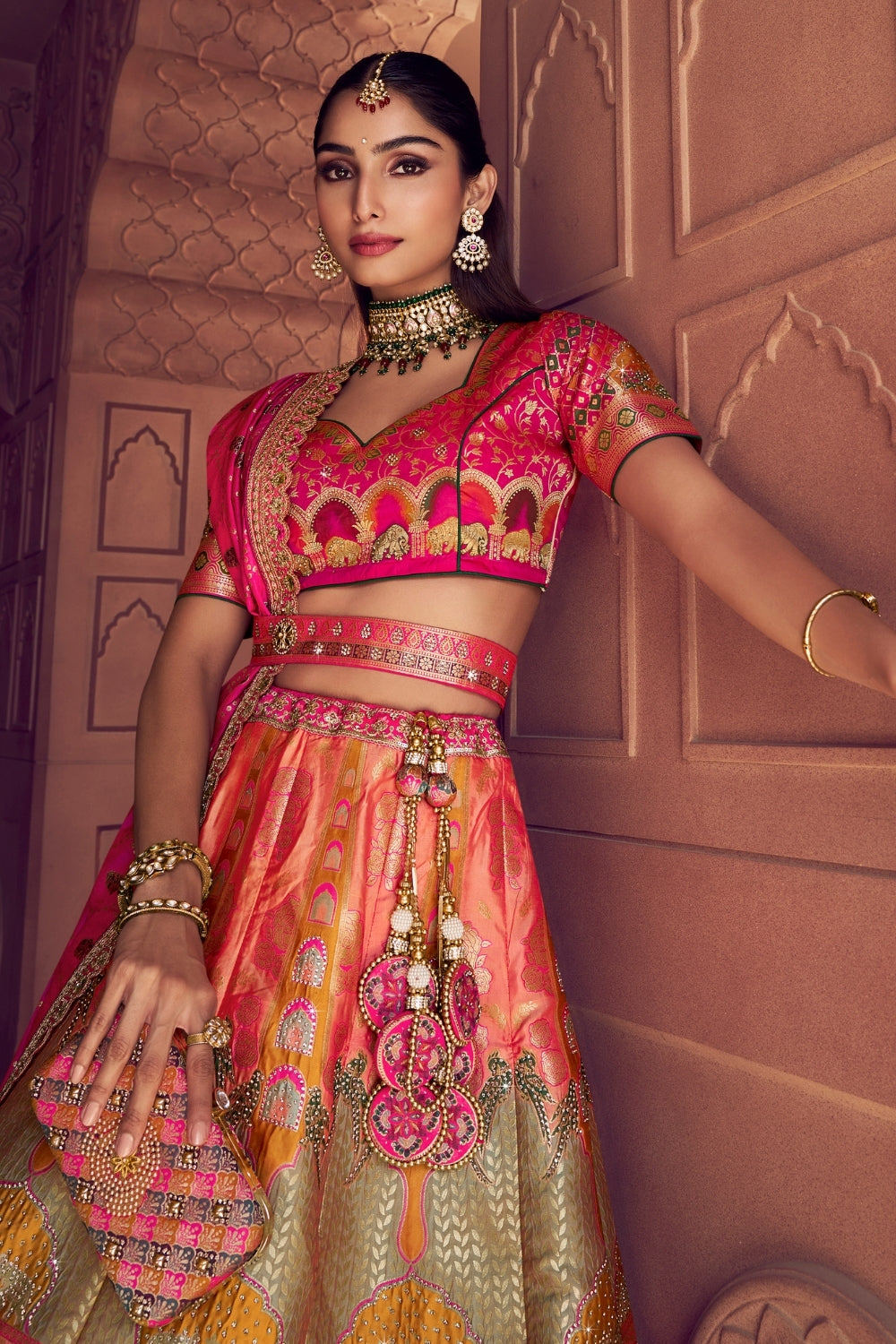 Multi Banarsi Silk Bridal Lehenga Set with Embroidery and Stone Work