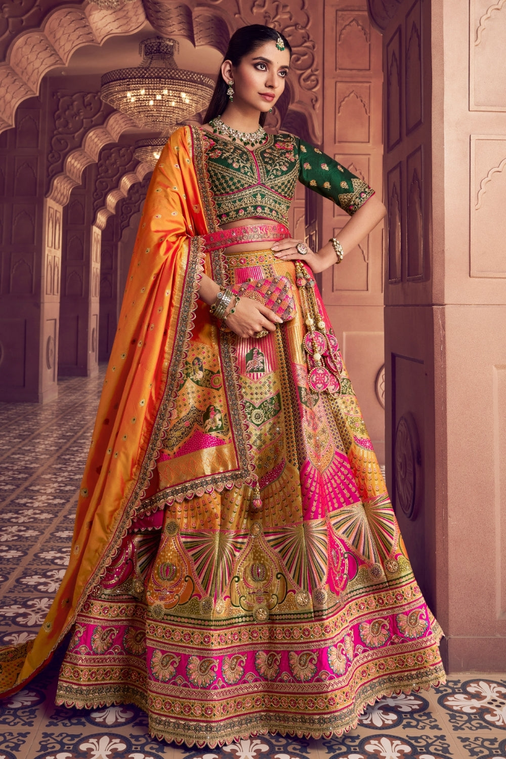 Multi Banarsi Silk Bridal Lehenga Set with Embroidery and Stone Work