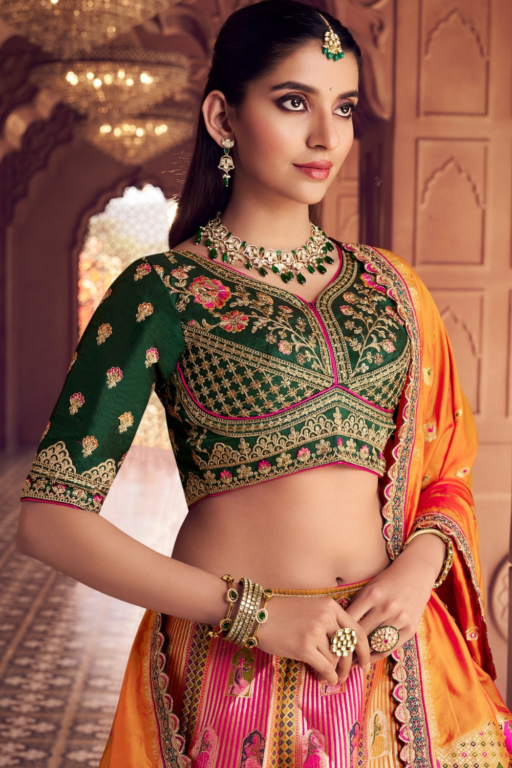 Multi Banarsi Silk Bridal Lehenga Set with Embroidery and Stone Work