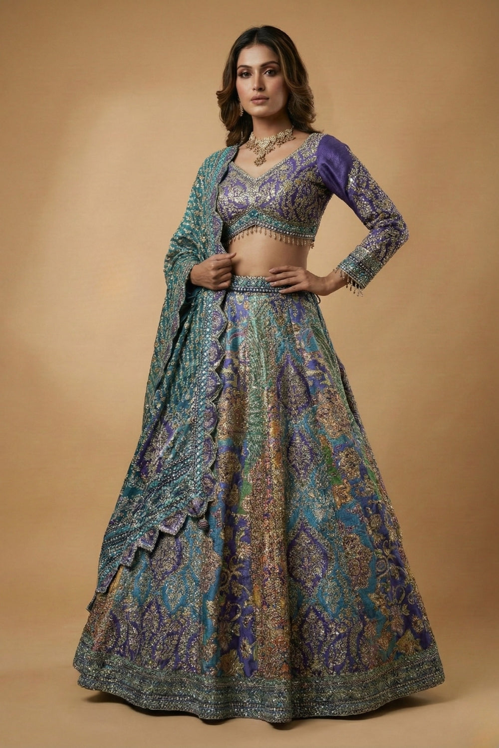 Multi Banarsi Silk Lehenga Set with Embroidery and Sequins Work