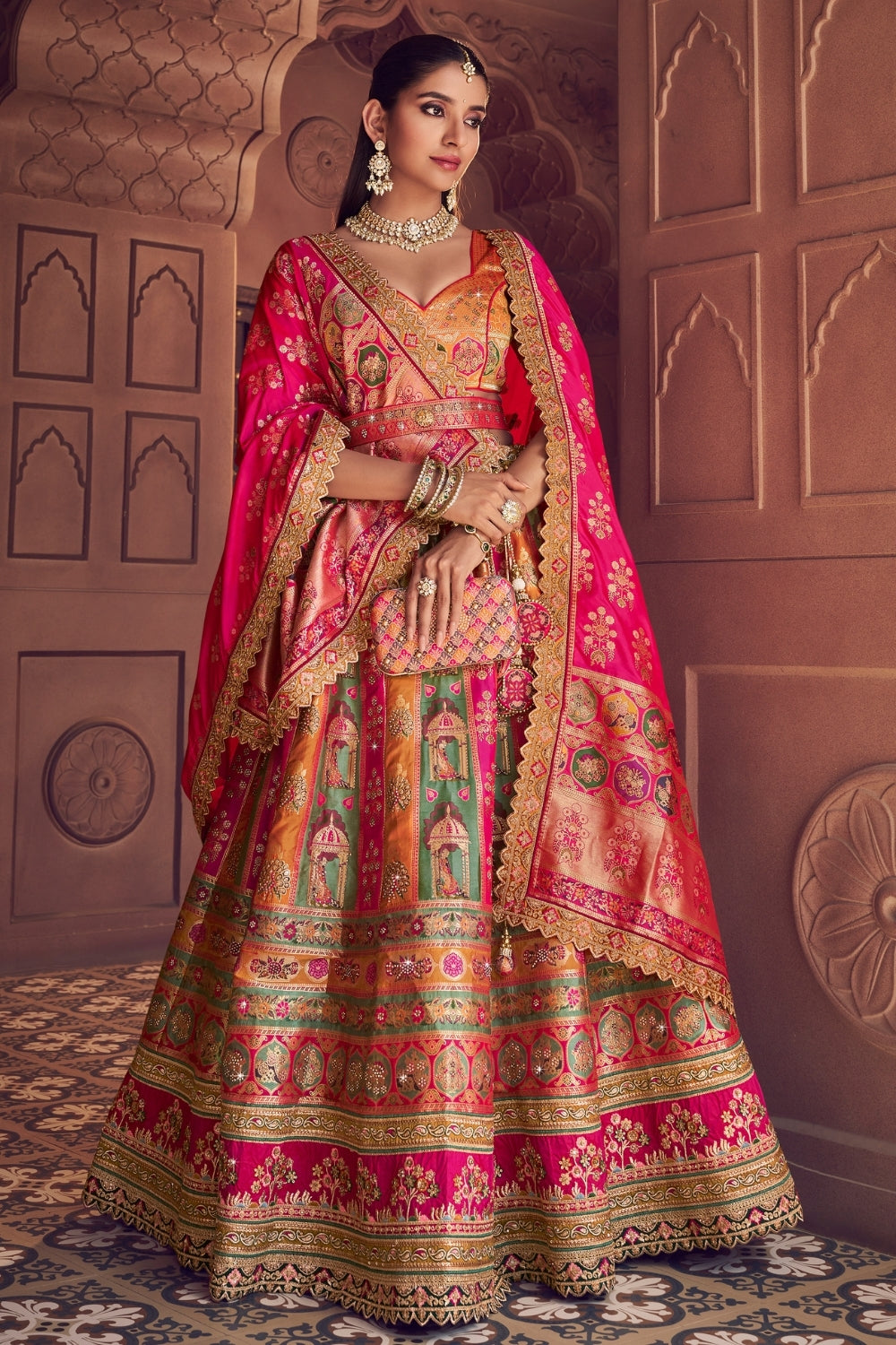 Multi Banarsi Silk Bridal Lehenga Set with Embroidery and Stone Work