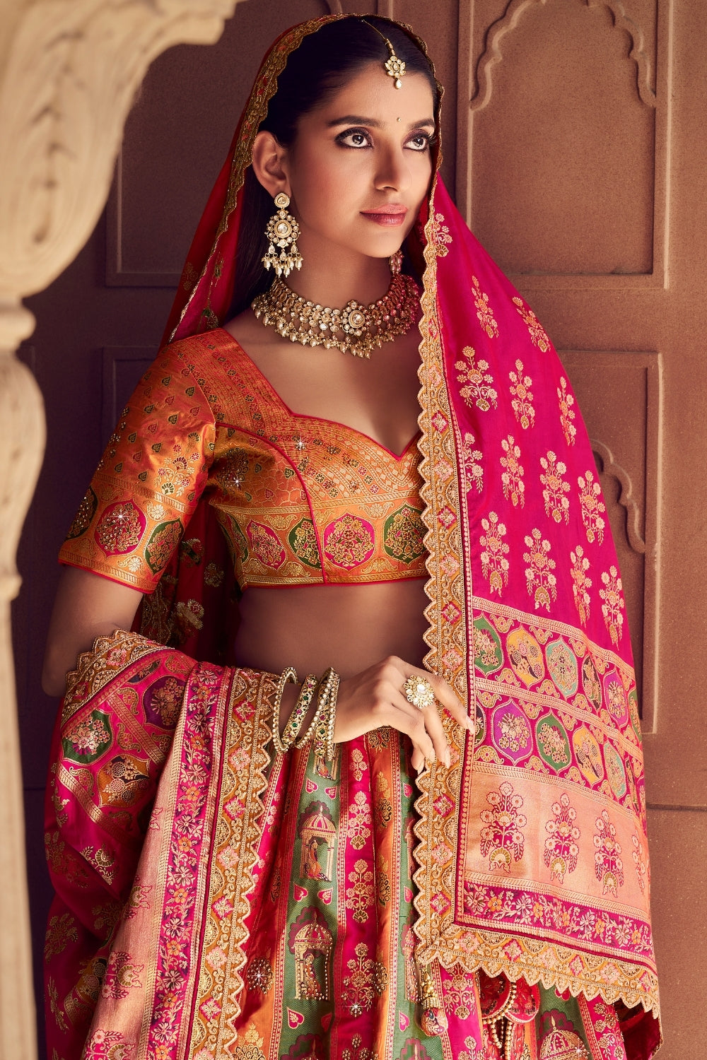 Multi Banarsi Silk Bridal Lehenga Set with Embroidery and Stone Work