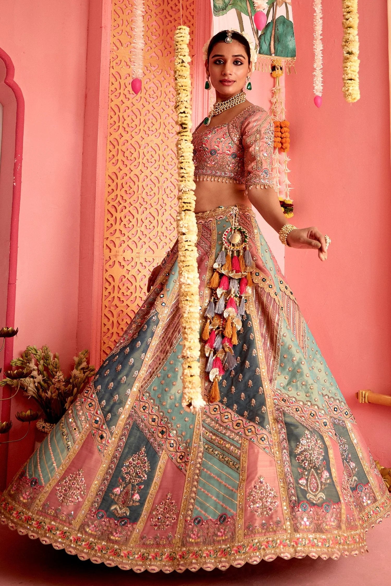 Multi Colored Tissue Patch Work Designer Lehenga