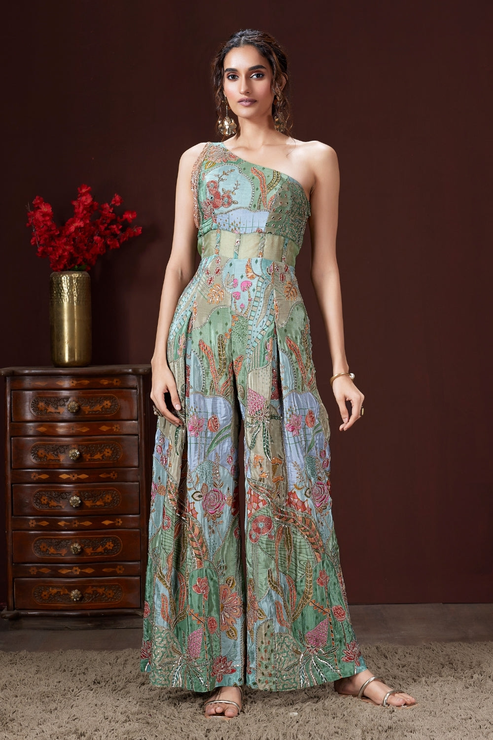 Multi Crepe Silk Jumpsuit with Cutdana and Beads Work