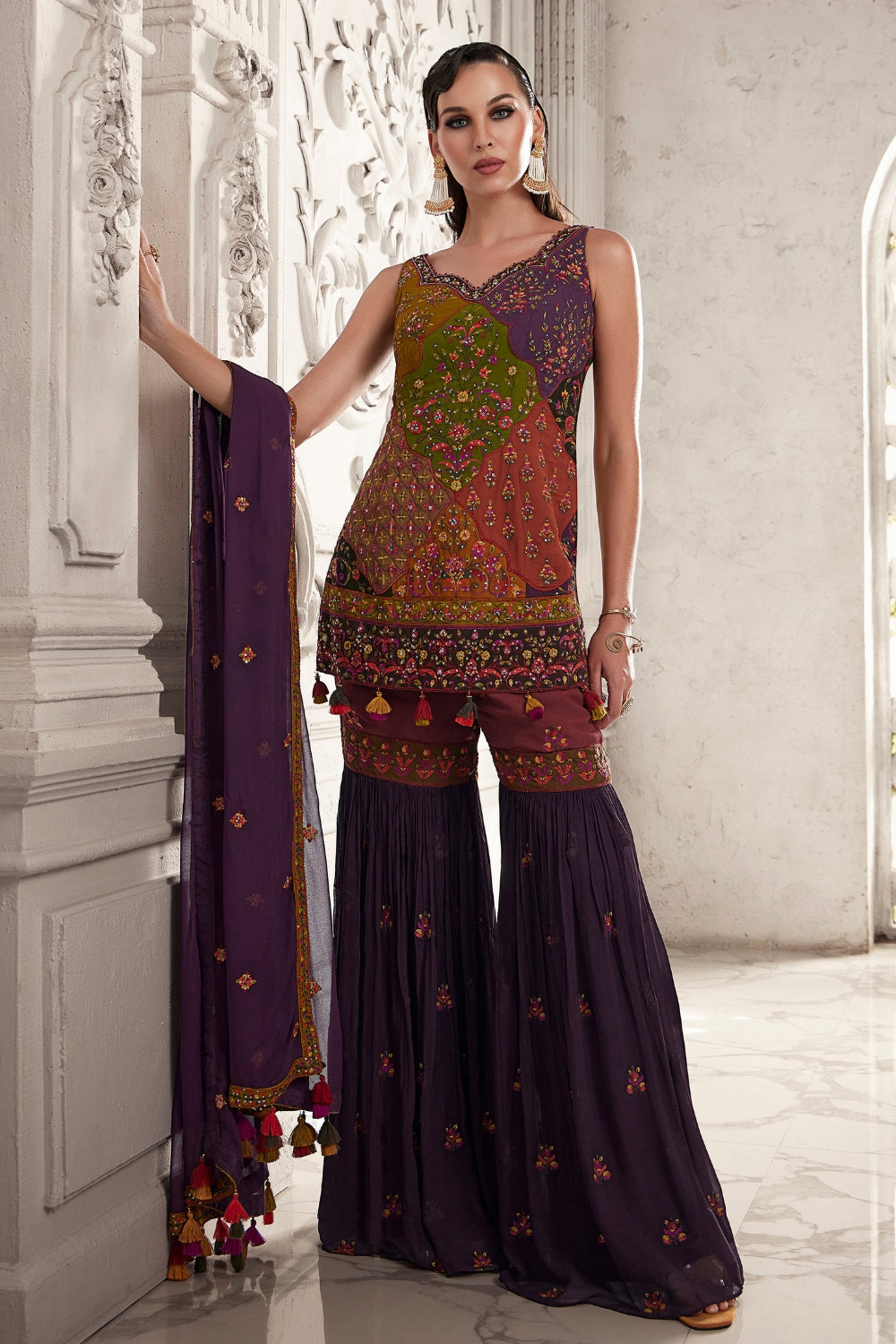 Multi Georgette Sharara Set with Sequins and Resham Embroidery Work