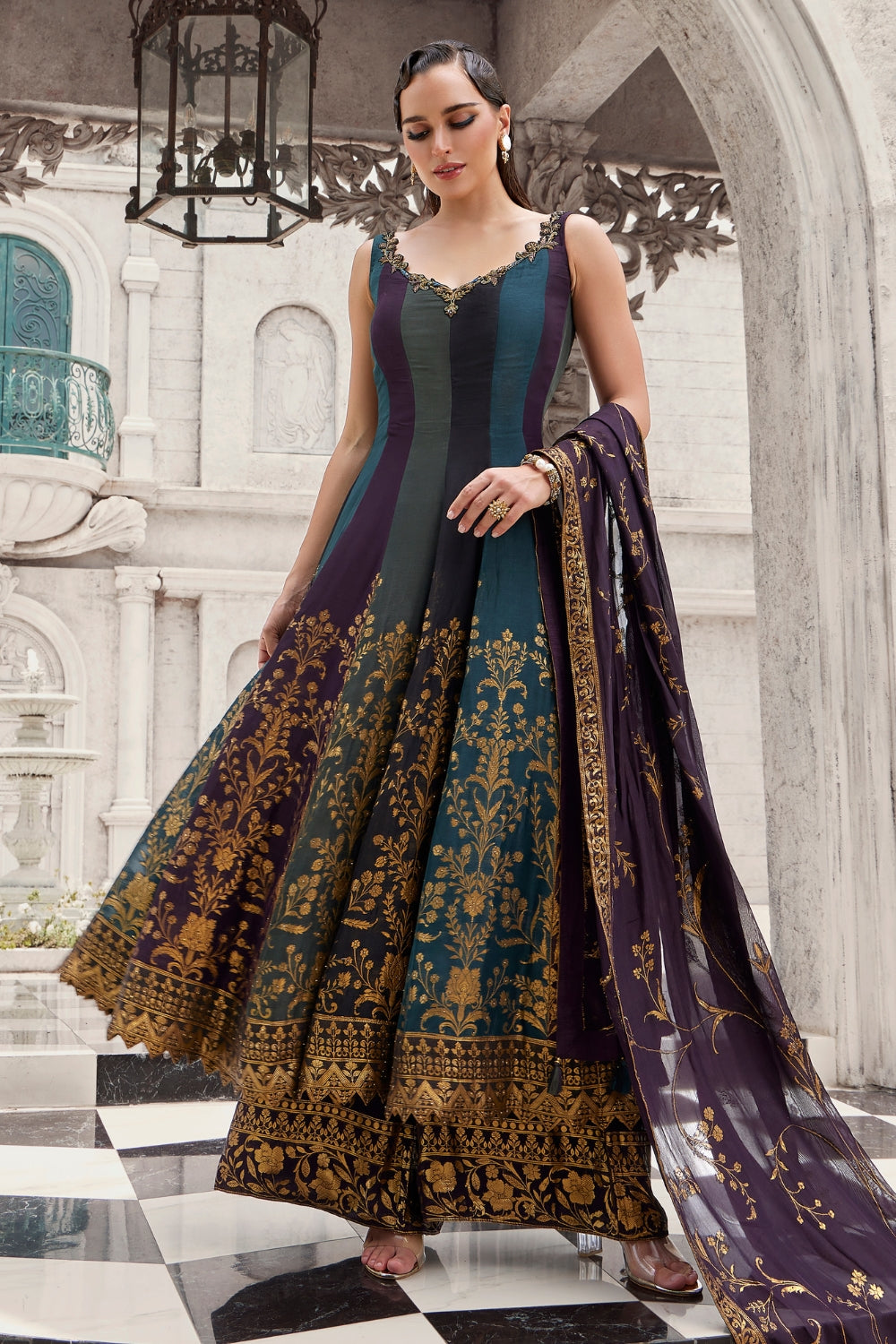 Multi Organza Silk Anarkali Set with Cutdana and Sequins Work