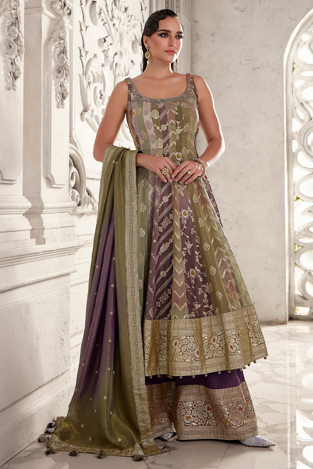 Multi Organza Silk Anarkali Set with Moti and Cutdana Work
