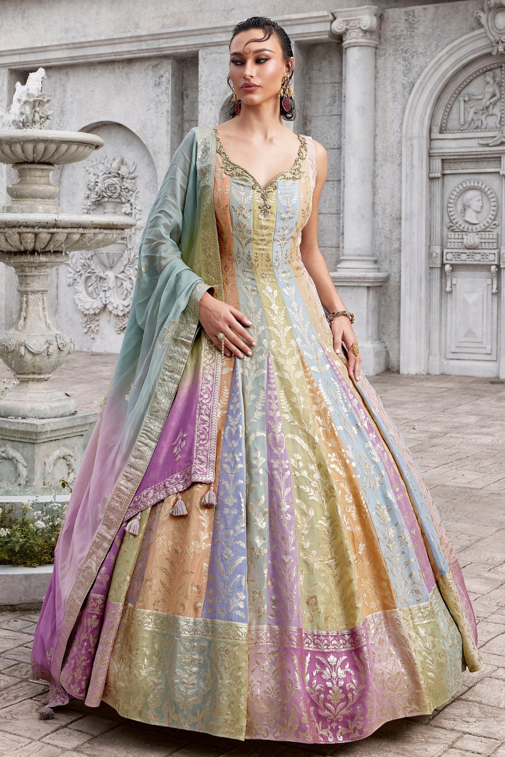 Multi Organza Silk Anarkali Set with Zardosi and Cutdana Work